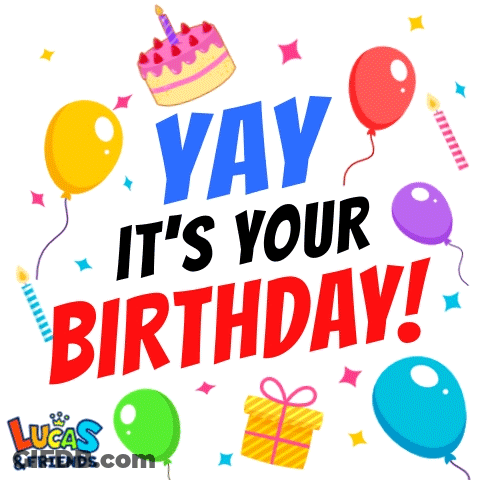 Lucas And Friends Birthday Card With Balloons And Cake GIF
