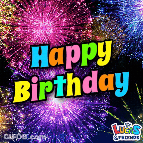 Lucas And Friends Birthday Card With Colorful Fireworks GIF