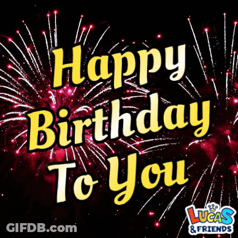 Lucas And Friends Birthday Card With Fireworks GIF