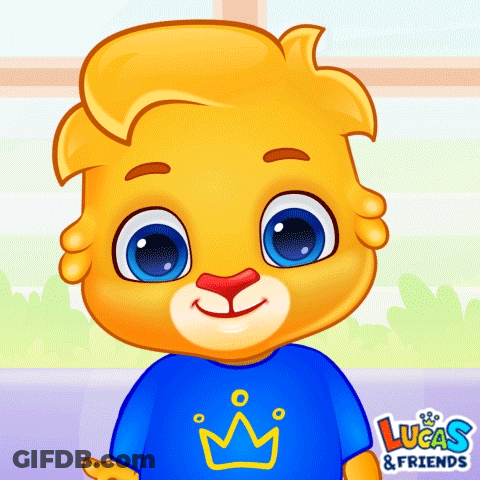 Lucas And Friends Logo With Cartoon Lion In Blue Shirt GIF