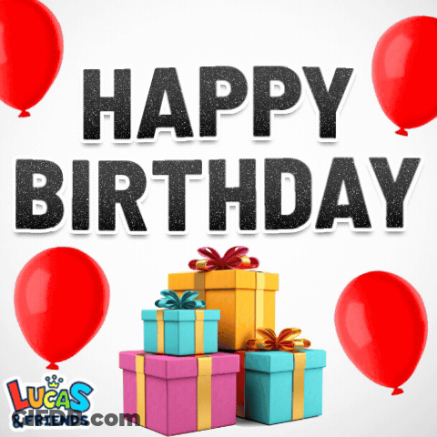 Lucas & Friends Birthday Card With Balloons And Gifts GIF
