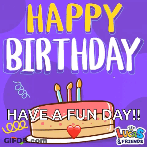 Lucas & Friends Birthday Card With Cake And Candles GIF