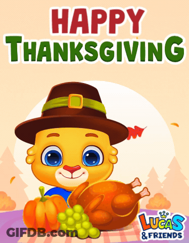 Lucas & Friends Cat In Pilgrim Hat Holding Turkey GIF