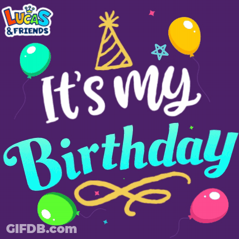 Lucas & Friends Logo With Balloons Saying It's My Birthday GIF