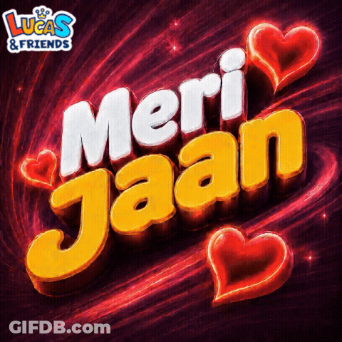 Lucas & Friends Merry Jaan Logo With Red Hearts Around It GIF