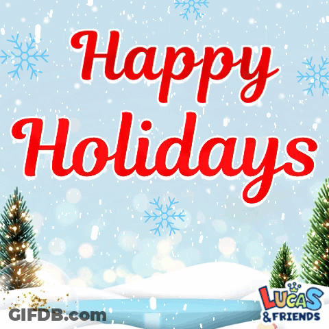 Lucas & Friends Wishes You Happy Holidays On A Snowy Background GIF