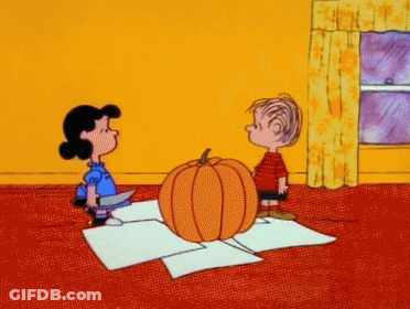 Lucy And Linus Looking At Pumpkin GIF