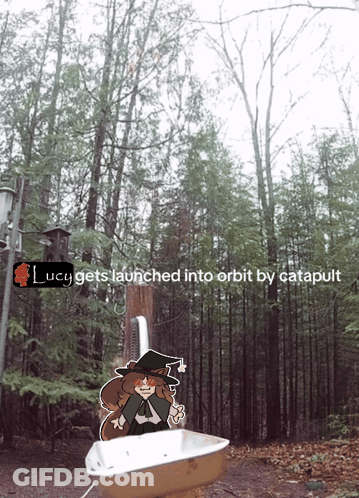 Lucy Gets Launched Into Orbit By Catapult Is Written On A Screen GIF