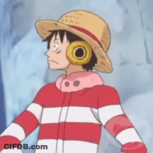 Luffy From One Piece Is Wearing A Straw Hat And Headphones And A Striped Shirt . GIF