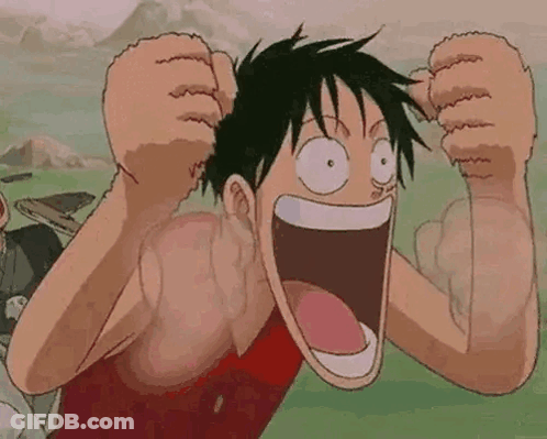 Luffy From One Piece Making Funny Face With Fist In Air GIF