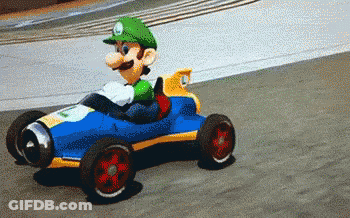 Luigi Driving Toy Car On Race Track GIF