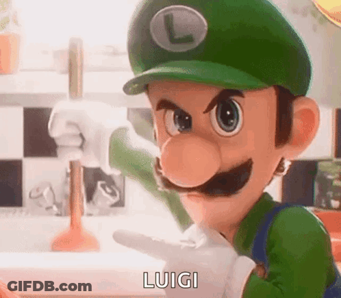 Luigi Holding Plunger And Pointing GIF
