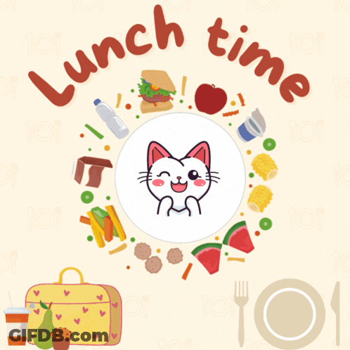 Lunch Time Sign With Cat And Lunch Bag GIF