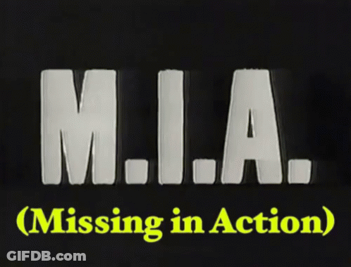 M.i.a. ( Missing In Action ) Is Written In White Letters On A Black Background GIF