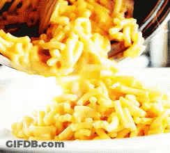 Macaroni And Cheese Is Poured Into A White Bowl GIF