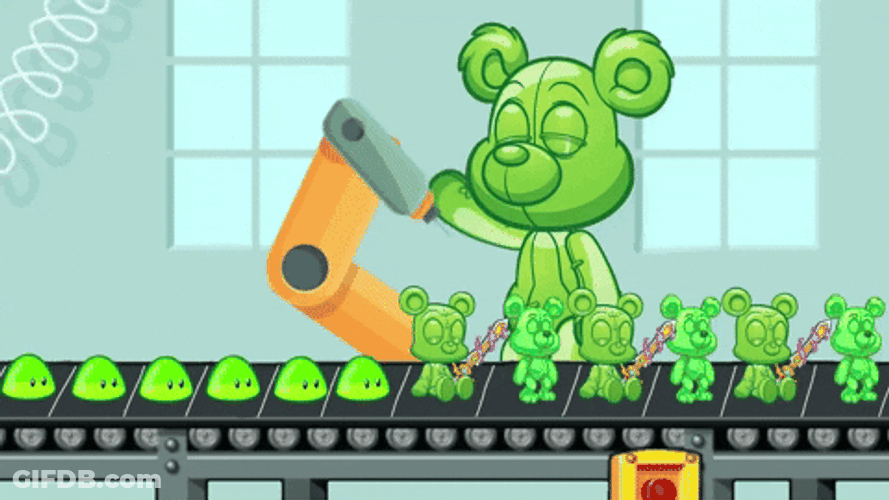 Machine Producing Green Bear Gummies GIF