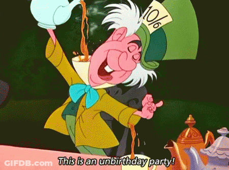 Mad Hatter Pouring Tea Saying This Is An Unbirthday Party GIF