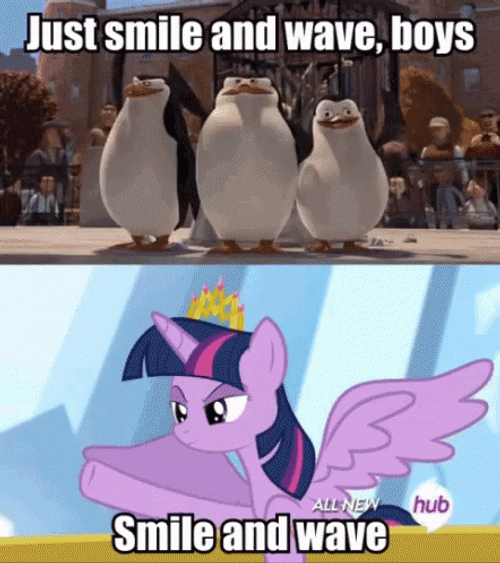 Madagascar Penguins And Twilight Sparkle Smile And Wave GIF