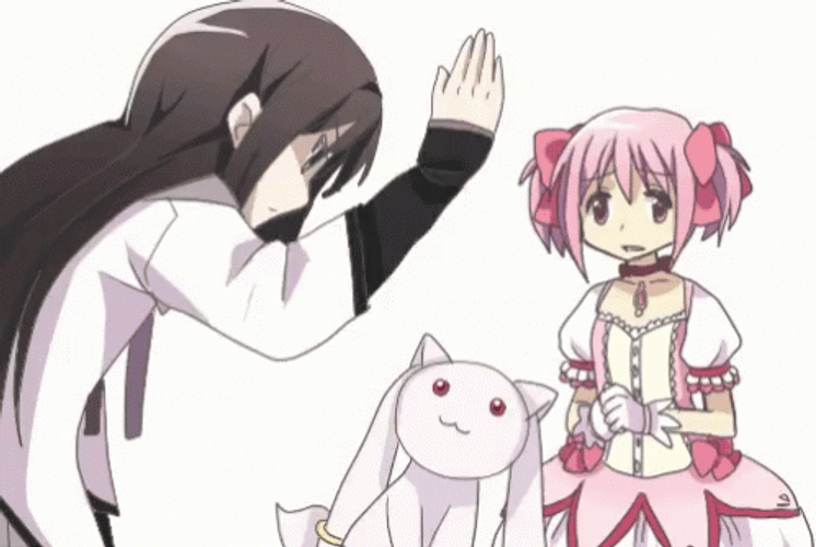 Madoka Magica Kaname Homura Head Hit Kyubey GIF