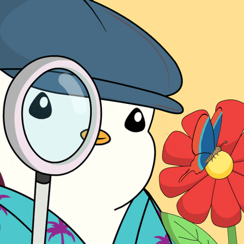 Magnifying Glass Purple Penguin Chases Blue Butterfly GIF