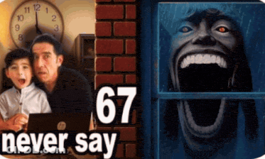 Man And Boy Beside Clock With 67 Above GIF