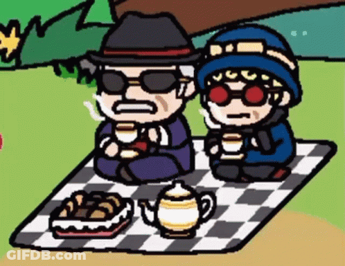 Man And Boy Sitting On Checkered Blanket Drinking Coffee GIF