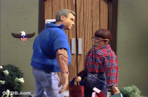 Man And Boy Standing In Front Of Door GIF