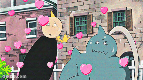 Man And Cat Surrounded By Hearts GIF
