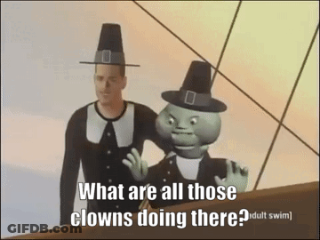 Man And Clown Saying What Are All Those Clowns Doing There GIF