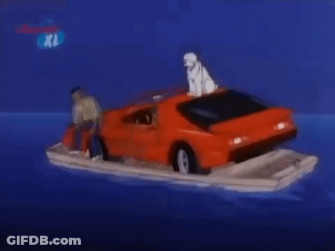 Man And Dog On Red Car On Boat In Water GIF