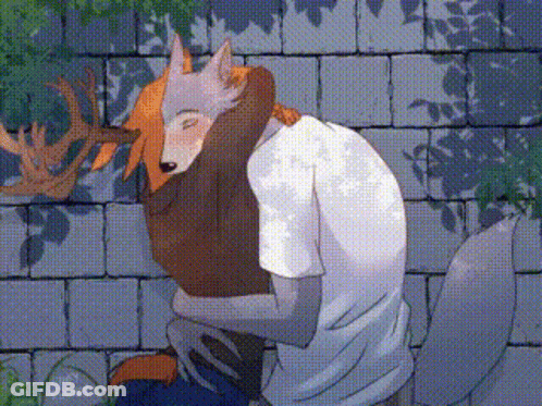 Man And Fox Hugging By Brick Wall GIF
