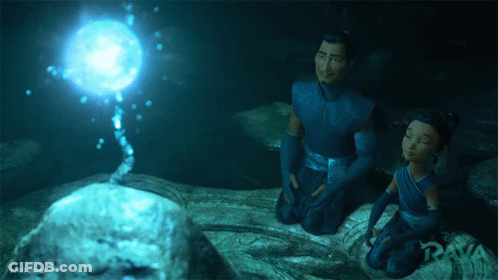 Man And Girl Kneeling Before Glowing Ball Raya GIF