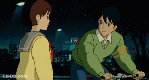 Man And Girl Looking At Each Other In Front Of Sign Saying A GIF