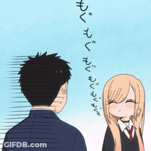 Man And Girl Looking At Each Other With Chinese Writing GIF