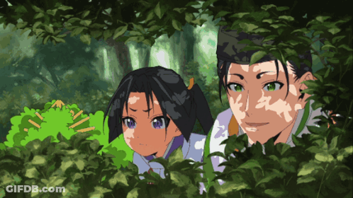 Man And Girl Peeking Out Of Bush GIF
