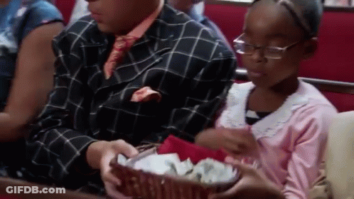 Man And Girl Sitting In Church With Basket Of Food GIF