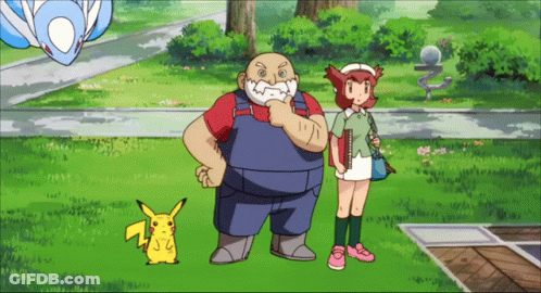 Man And Girl Standing Next To Pikachu In Park GIF