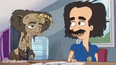 Man And Monster Sitting At Table GIF