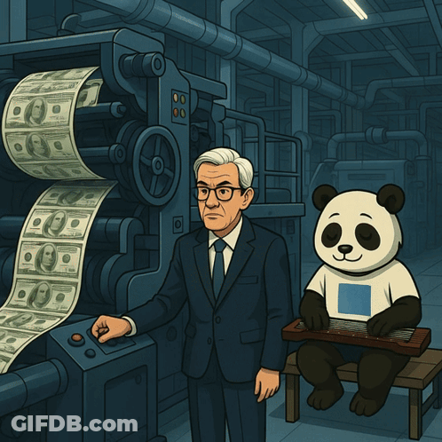 Man And Panda In Front Of Money Printing Machine GIF