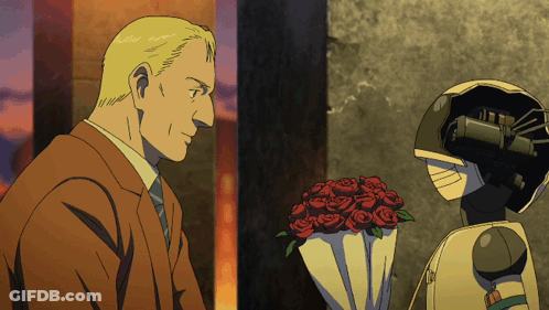 Man And Robot Face To Face With Red Roses GIF