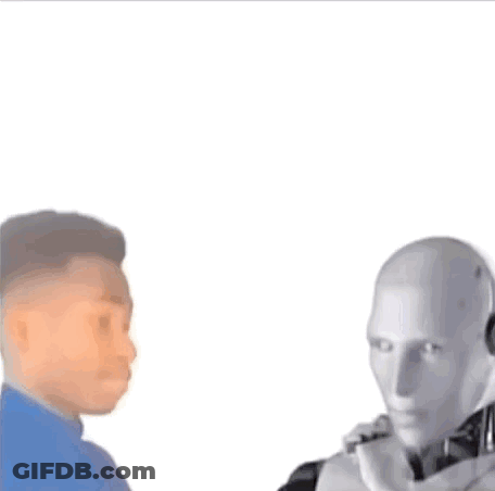 Man And Robot Talking Into Microphones GIF