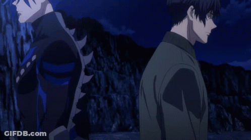 Man And Skeleton Standing In Dark GIF