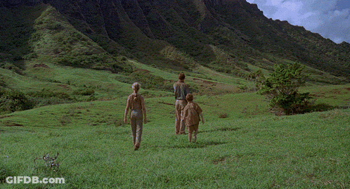 Man And Two Children Running In Grassy Field With Mountains GIF