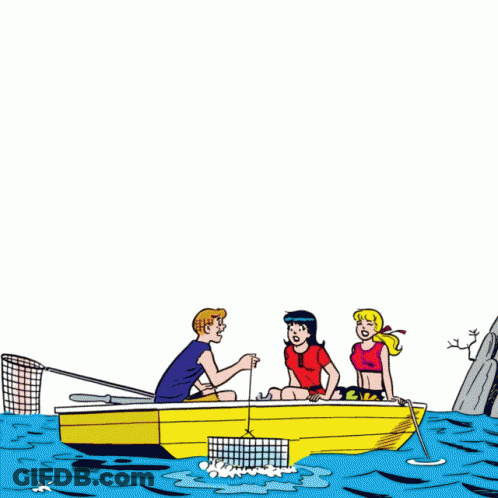 Man And Two Girls In Yellow Boat GIF