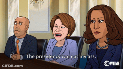 Man And Two Women At Table Saying The Presidency Can Eat My Ass GIF