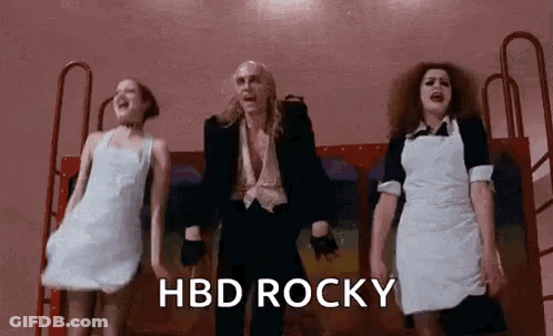 Man And Two Women Dancing HBD Rocky GIF