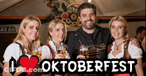 Man And Two Women Holding Beer Glasses At Oktoberfest Sign GIF