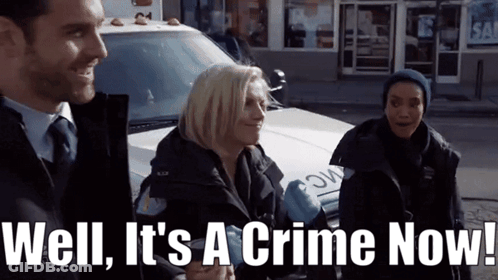 Man And Two Women In Front Of Police Car Saying Well It's A Crime Now GIF