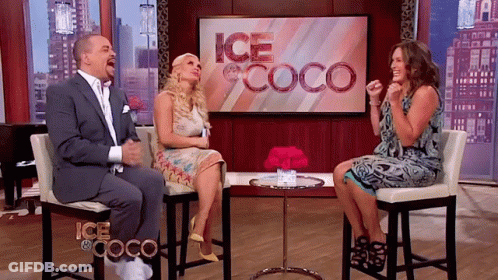 Man And Two Women Sitting In Front Of Ice Coco Screen GIF