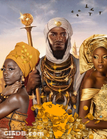 Man And Two Women Standing Beside Pile Of Gold Coins GIF